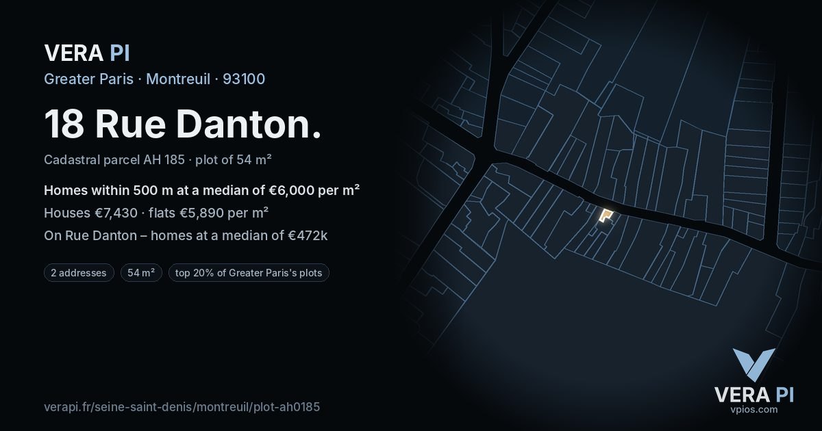 18 Rue Danton, Montreuil at night – the plot lit, the parcels around coloured by the prices near them