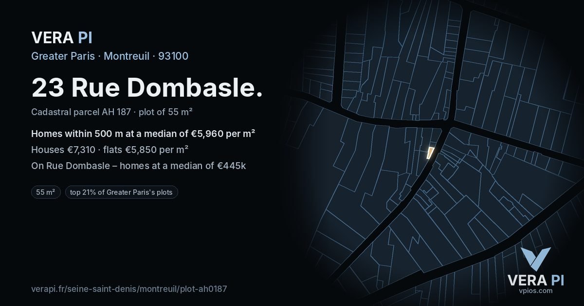 23 Rue Dombasle, Montreuil at night – the plot lit, the parcels around coloured by the prices near them