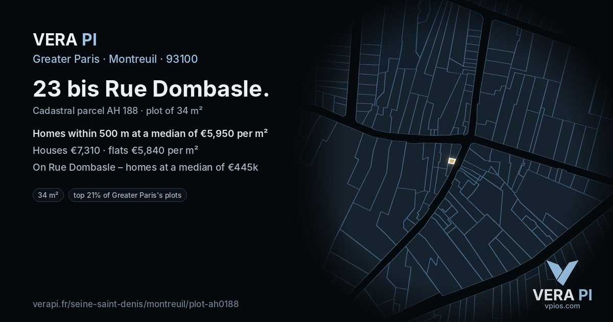 23 bis Rue Dombasle, Montreuil at night – the plot lit, the parcels around coloured by the prices near them