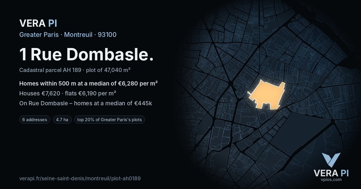1 Rue Dombasle, Montreuil at night – the plot lit, the parcels around coloured by the prices near them