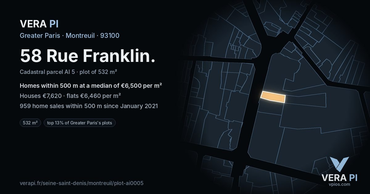 58 Rue Franklin, Montreuil at night – the plot lit, the parcels around coloured by the prices near them