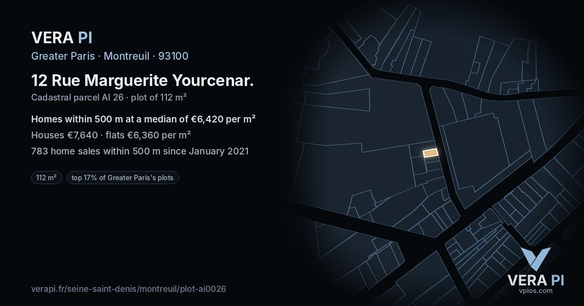 12 Rue Marguerite Yourcenar, Montreuil at night – the plot lit, the parcels around coloured by the prices near them