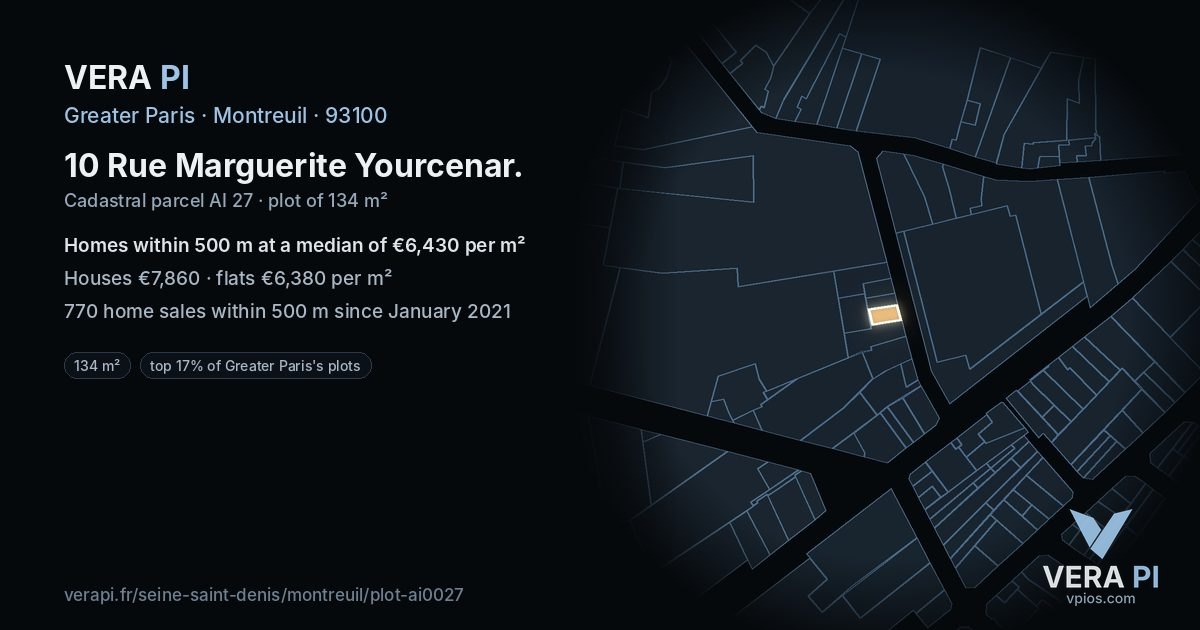 10 Rue Marguerite Yourcenar, Montreuil at night – the plot lit, the parcels around coloured by the prices near them