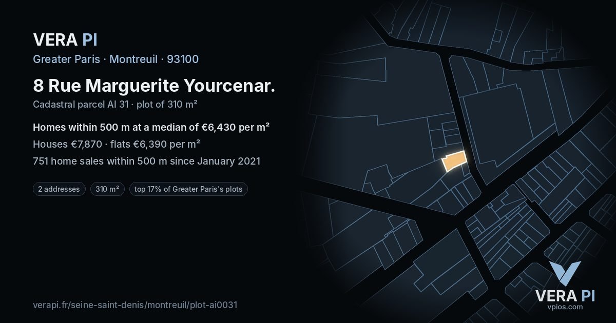8 Rue Marguerite Yourcenar, Montreuil at night – the plot lit, the parcels around coloured by the prices near them