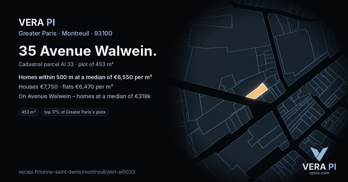 35 Avenue Walwein, Montreuil at night – the plot lit, the parcels around coloured by the prices near them