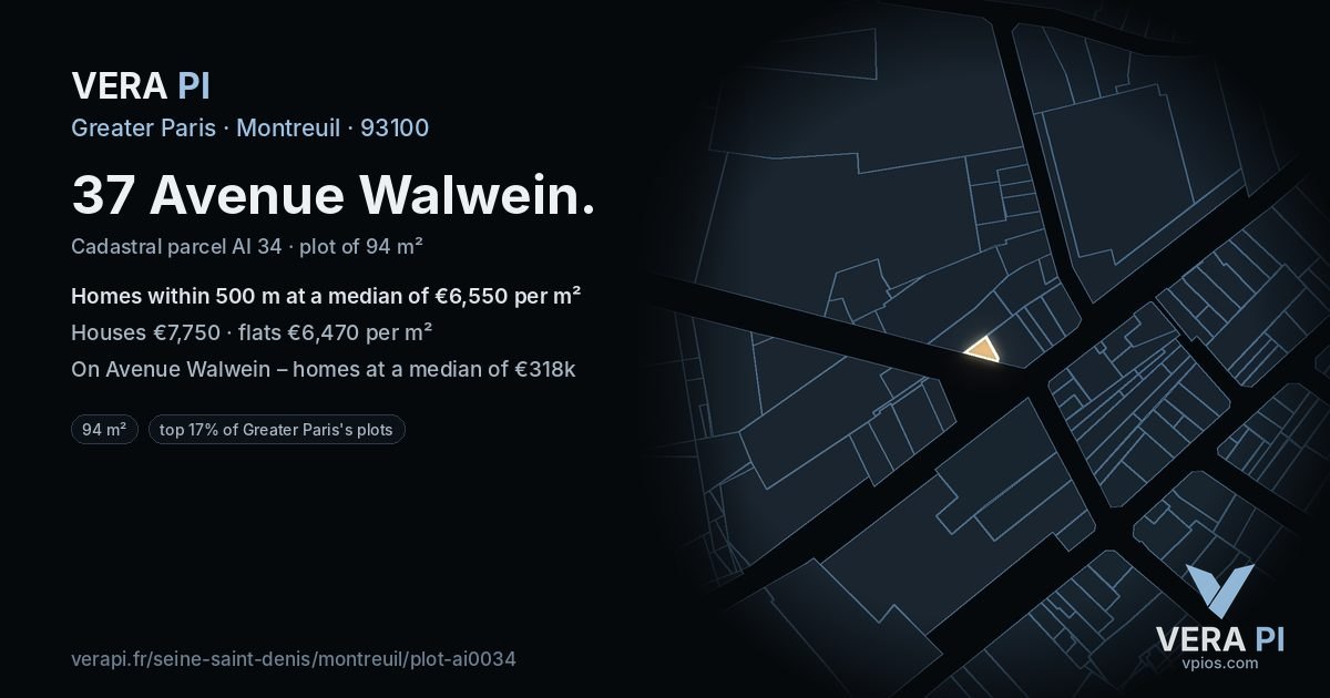 37 Avenue Walwein, Montreuil at night – the plot lit, the parcels around coloured by the prices near them