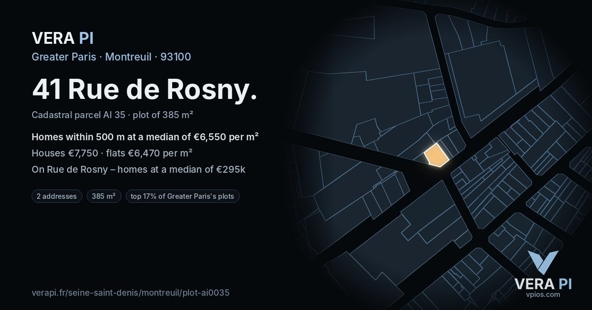 41 Rue de Rosny, Montreuil at night – the plot lit, the parcels around coloured by the prices near them