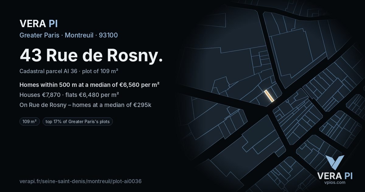 43 Rue de Rosny, Montreuil at night – the plot lit, the parcels around coloured by the prices near them