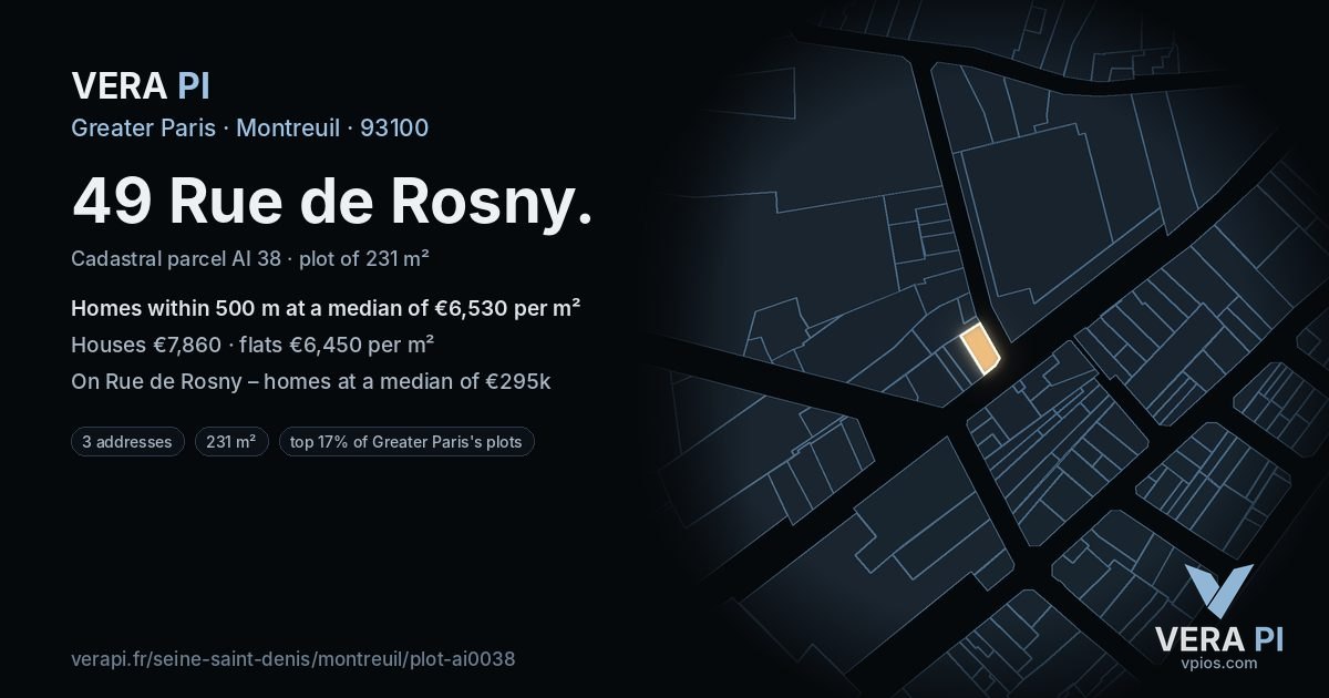 49 Rue de Rosny, Montreuil at night – the plot lit, the parcels around coloured by the prices near them
