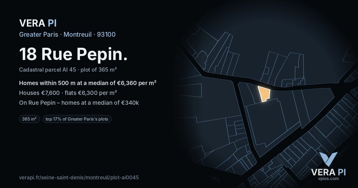 18 Rue Pepin, Montreuil at night – the plot lit, the parcels around coloured by the prices near them