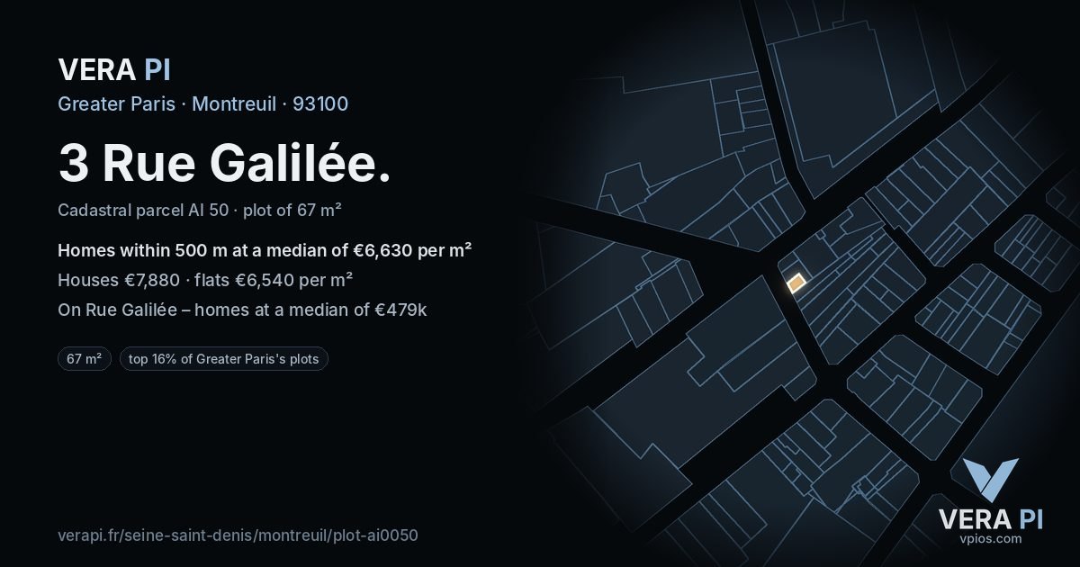 3 Rue Galilée, Montreuil at night – the plot lit, the parcels around coloured by the prices near them