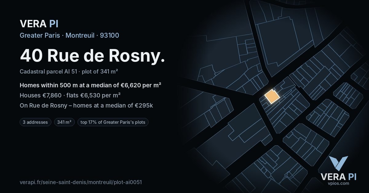 40 Rue de Rosny, Montreuil at night – the plot lit, the parcels around coloured by the prices near them