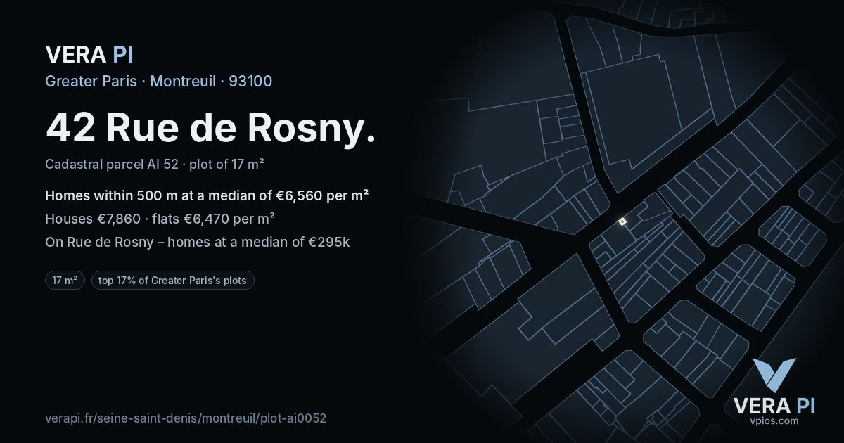 42 Rue de Rosny, Montreuil at night – the plot lit, the parcels around coloured by the prices near them