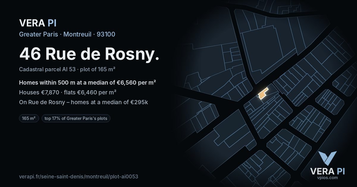 46 Rue de Rosny, Montreuil at night – the plot lit, the parcels around coloured by the prices near them