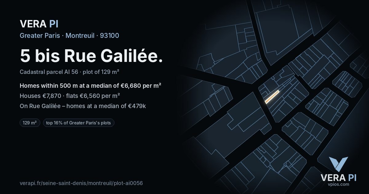 5 bis Rue Galilée, Montreuil at night – the plot lit, the parcels around coloured by the prices near them