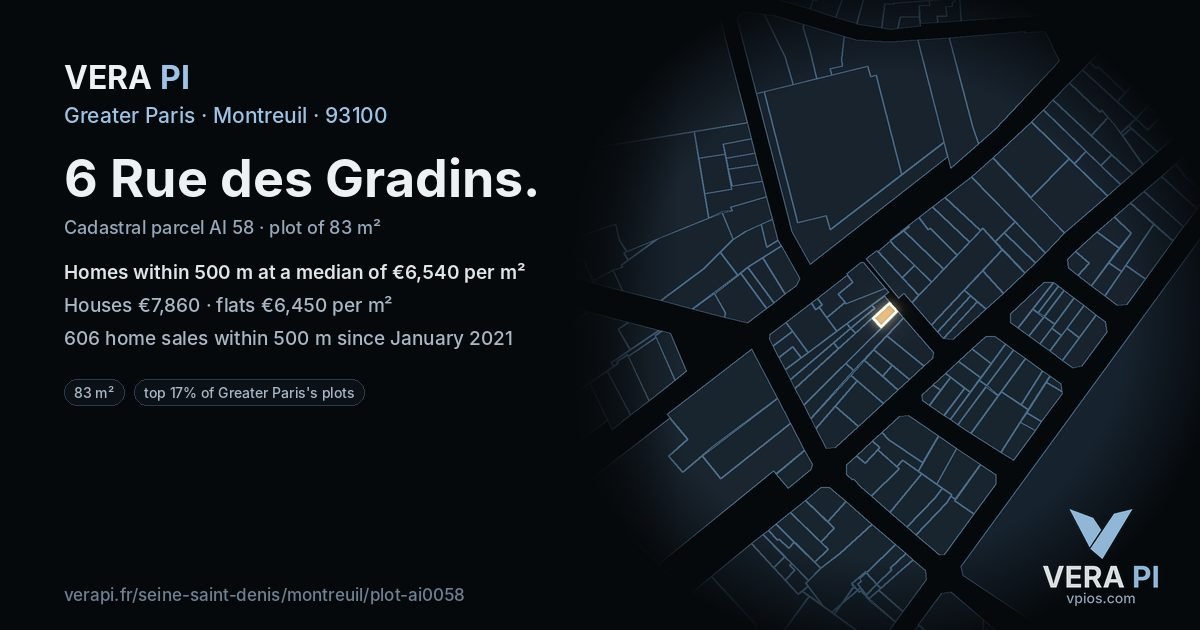 6 Rue des Gradins, Montreuil at night – the plot lit, the parcels around coloured by the prices near them