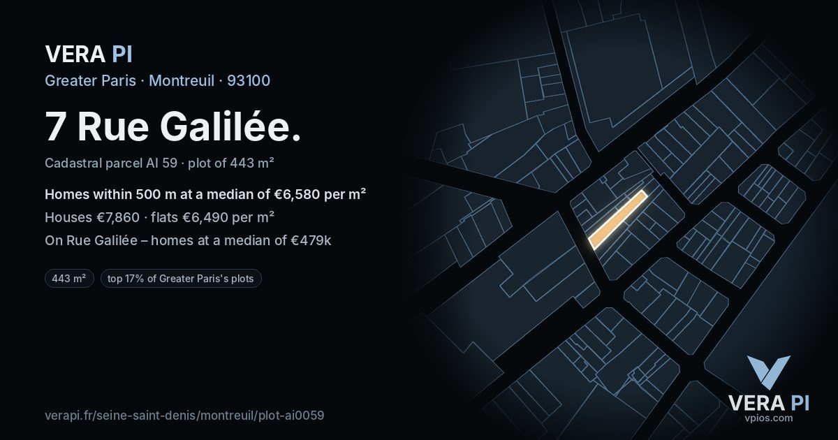 7 Rue Galilée, Montreuil at night – the plot lit, the parcels around coloured by the prices near them