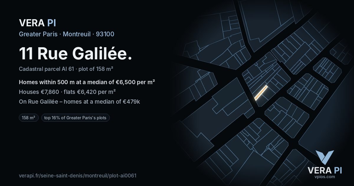 11 Rue Galilée, Montreuil at night – the plot lit, the parcels around coloured by the prices near them