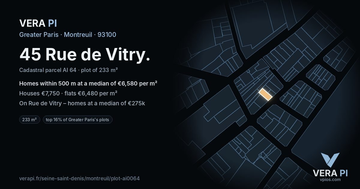 45 Rue de Vitry, Montreuil at night – the plot lit, the parcels around coloured by the prices near them