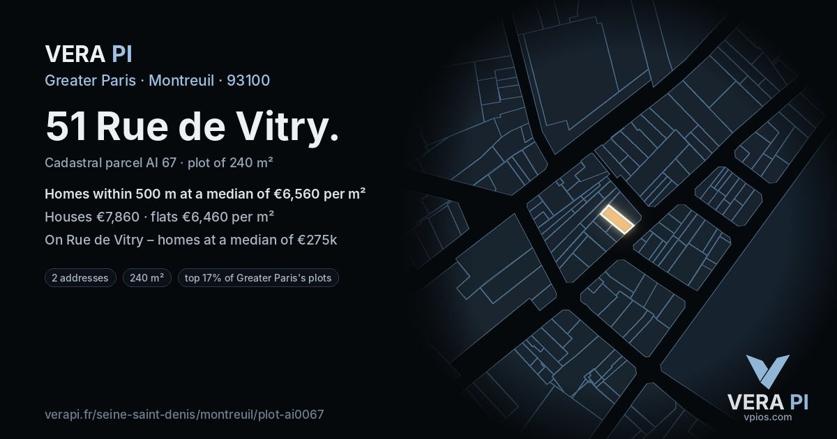 51 Rue de Vitry, Montreuil at night – the plot lit, the parcels around coloured by the prices near them