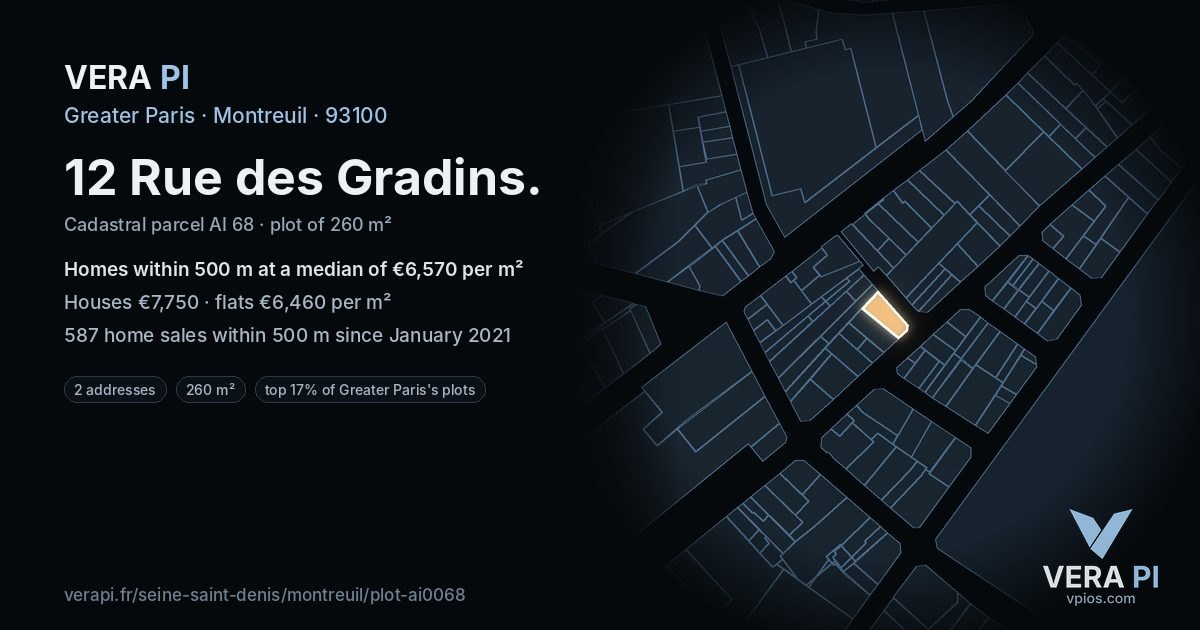 12 Rue des Gradins, Montreuil at night – the plot lit, the parcels around coloured by the prices near them