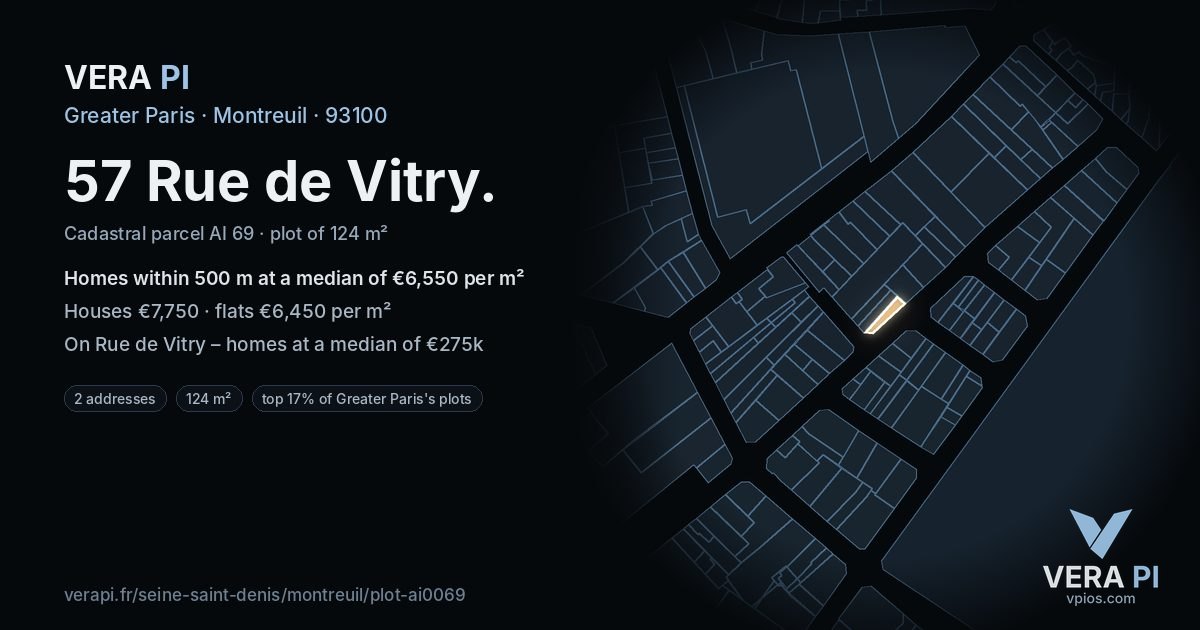 57 Rue de Vitry, Montreuil at night – the plot lit, the parcels around coloured by the prices near them