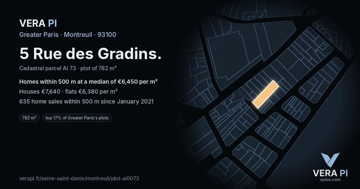 5 Rue des Gradins, Montreuil at night – the plot lit, the parcels around coloured by the prices near them
