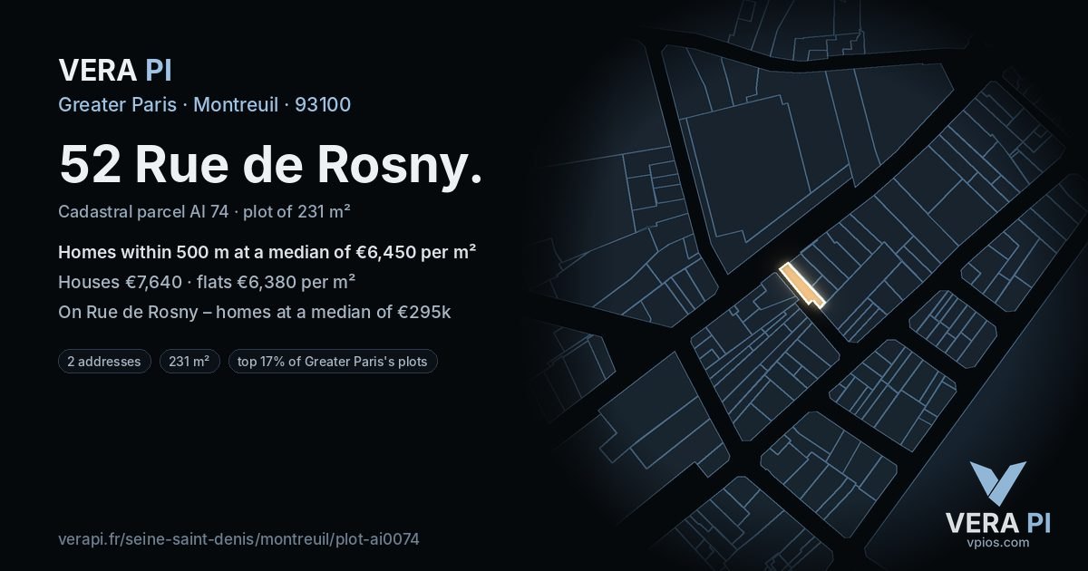 52 Rue de Rosny, Montreuil at night – the plot lit, the parcels around coloured by the prices near them