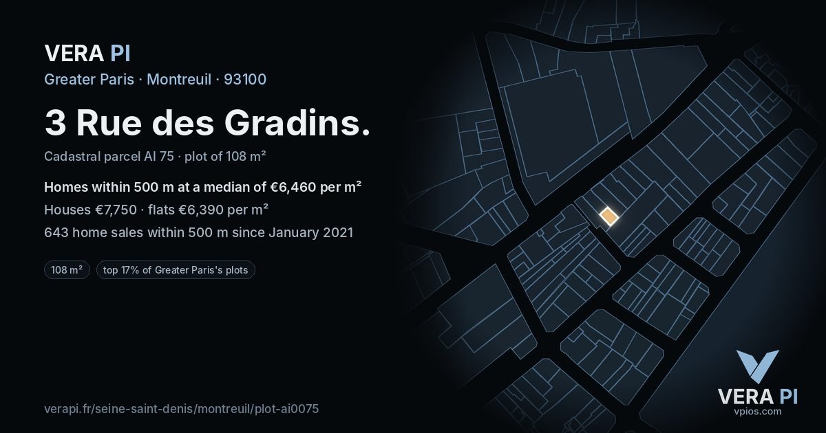 3 Rue des Gradins, Montreuil at night – the plot lit, the parcels around coloured by the prices near them