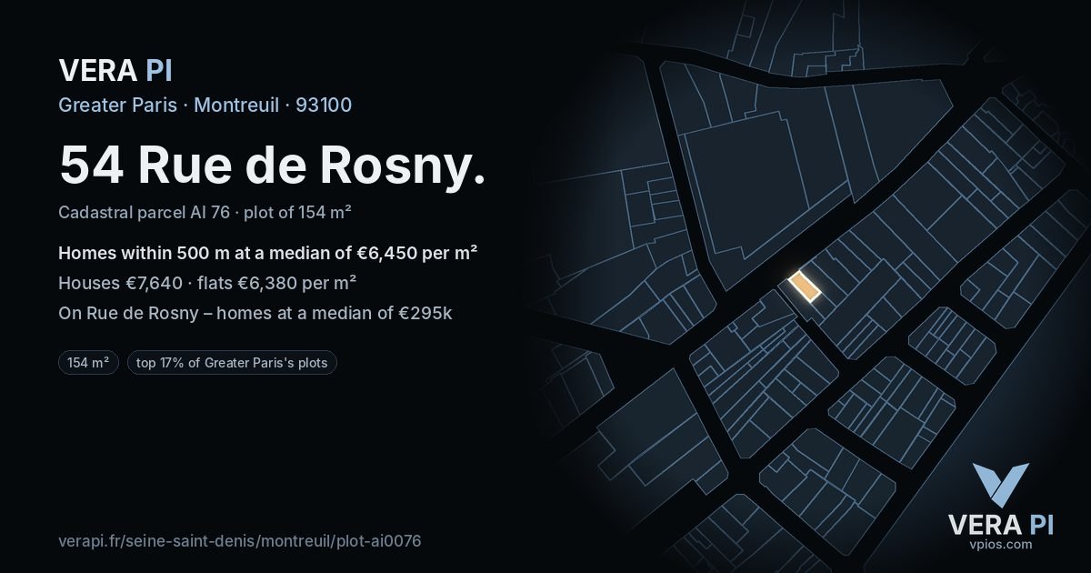 54 Rue de Rosny, Montreuil at night – the plot lit, the parcels around coloured by the prices near them