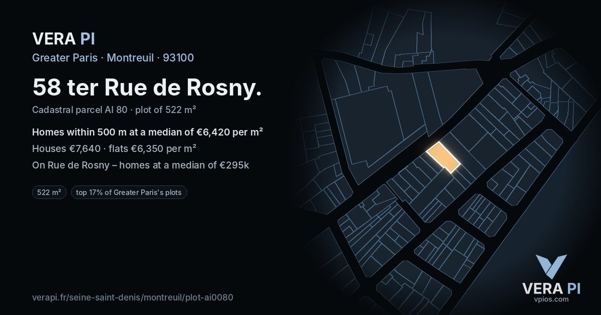 58 ter Rue de Rosny, Montreuil at night – the plot lit, the parcels around coloured by the prices near them