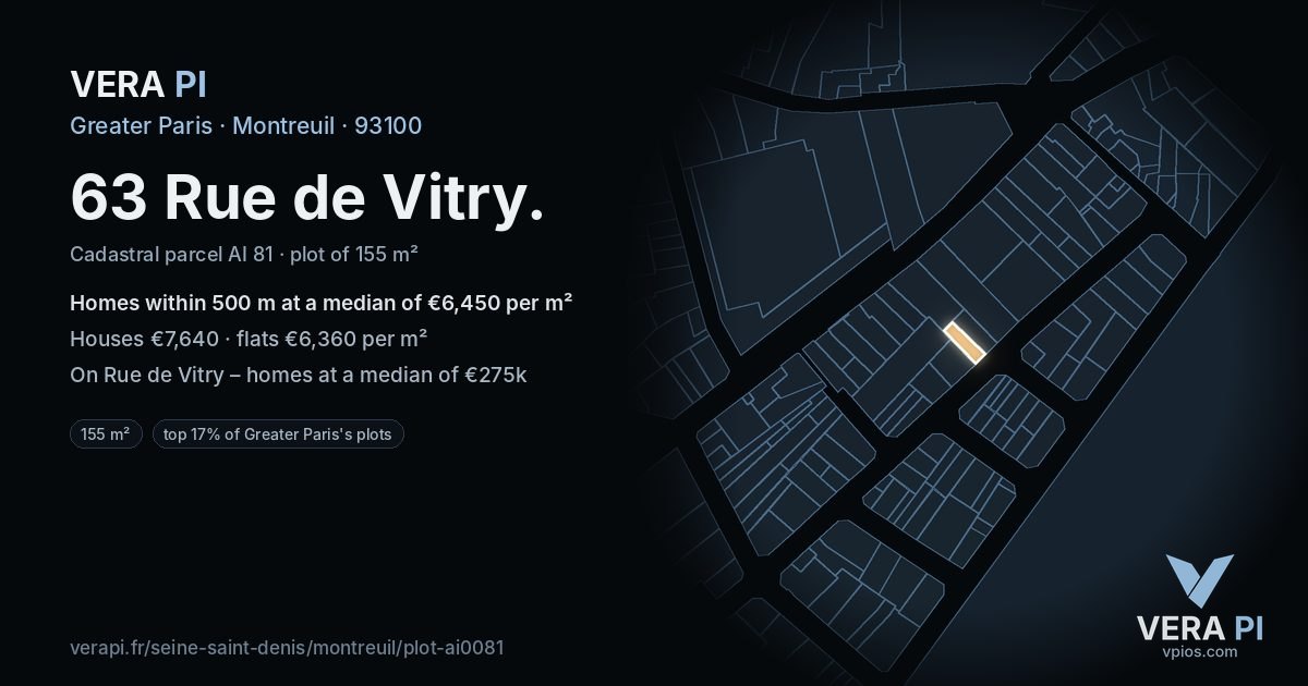 63 Rue de Vitry, Montreuil at night – the plot lit, the parcels around coloured by the prices near them