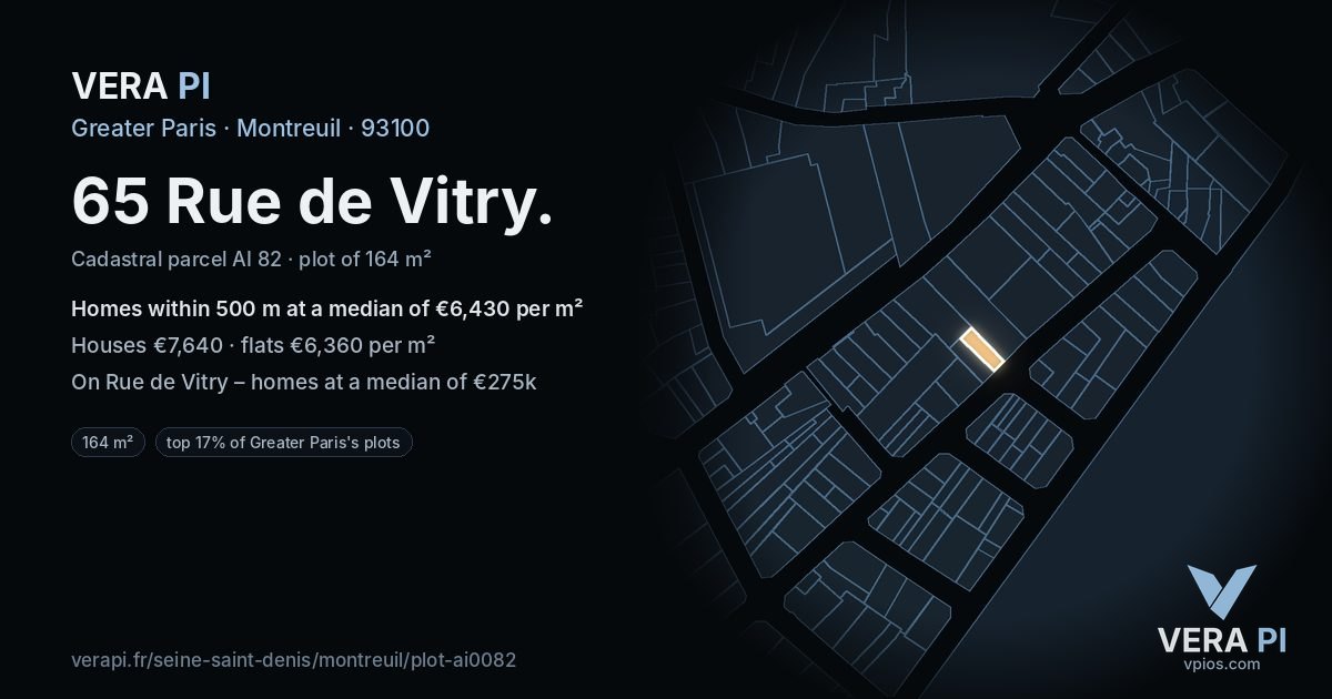 65 Rue de Vitry, Montreuil at night – the plot lit, the parcels around coloured by the prices near them