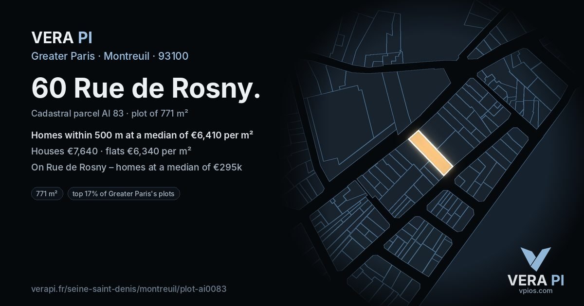 60 Rue de Rosny, Montreuil at night – the plot lit, the parcels around coloured by the prices near them