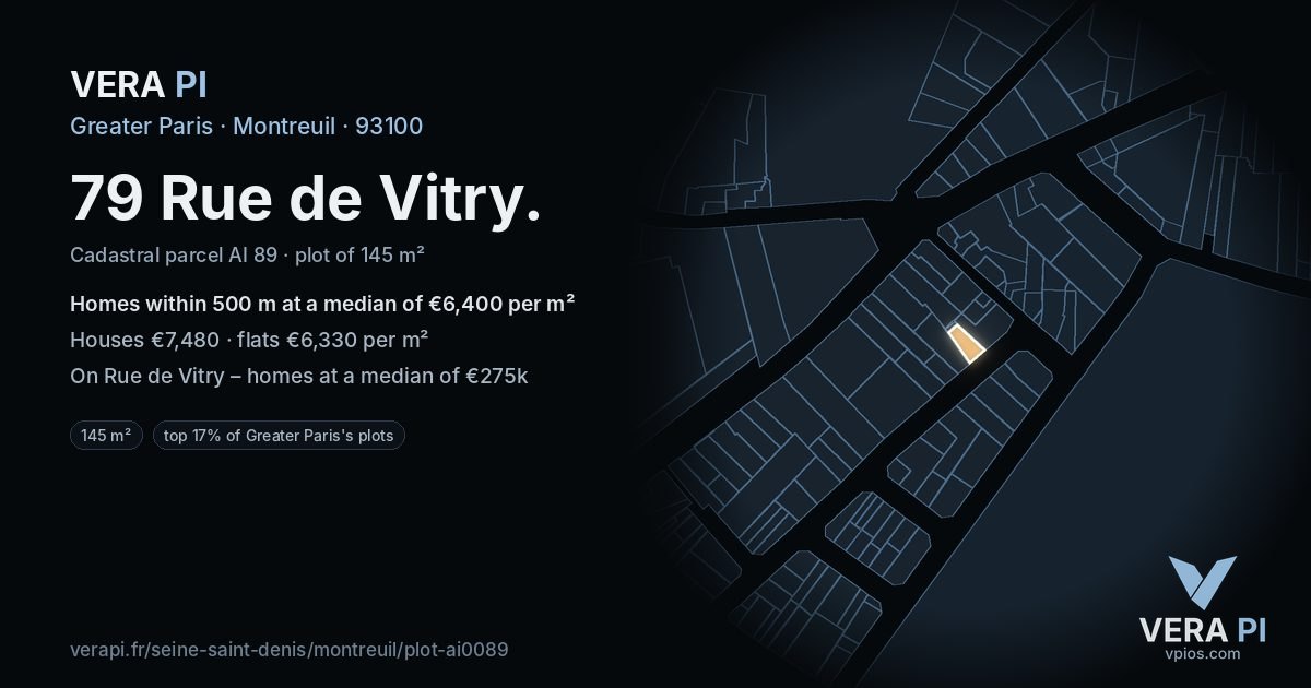 79 Rue de Vitry, Montreuil at night – the plot lit, the parcels around coloured by the prices near them