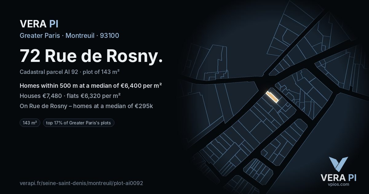 72 Rue de Rosny, Montreuil at night – the plot lit, the parcels around coloured by the prices near them