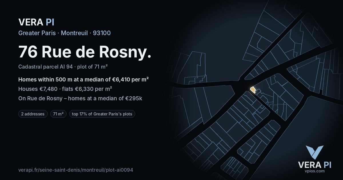76 Rue de Rosny, Montreuil at night – the plot lit, the parcels around coloured by the prices near them