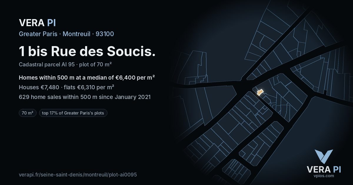 1 bis Rue des Soucis, Montreuil at night – the plot lit, the parcels around coloured by the prices near them