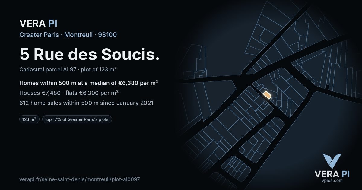 5 Rue des Soucis, Montreuil at night – the plot lit, the parcels around coloured by the prices near them