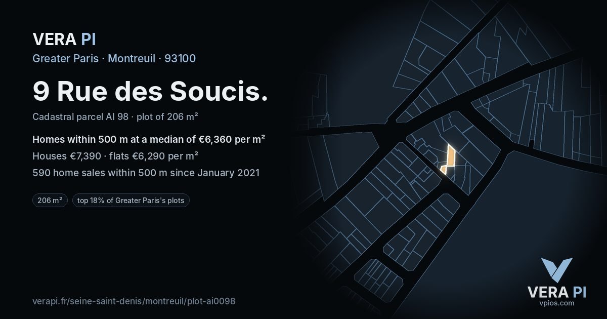 9 Rue des Soucis, Montreuil at night – the plot lit, the parcels around coloured by the prices near them