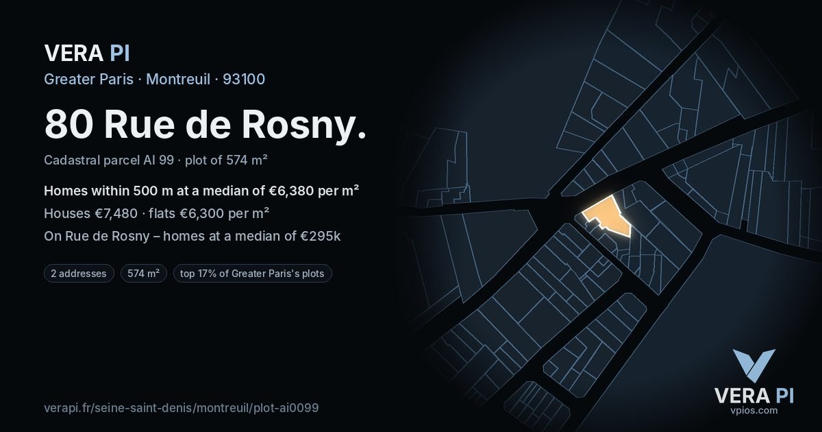 80 Rue de Rosny, Montreuil at night – the plot lit, the parcels around coloured by the prices near them