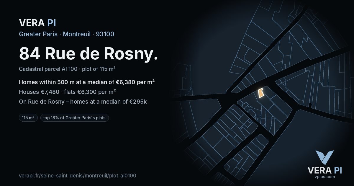 84 Rue de Rosny, Montreuil at night – the plot lit, the parcels around coloured by the prices near them