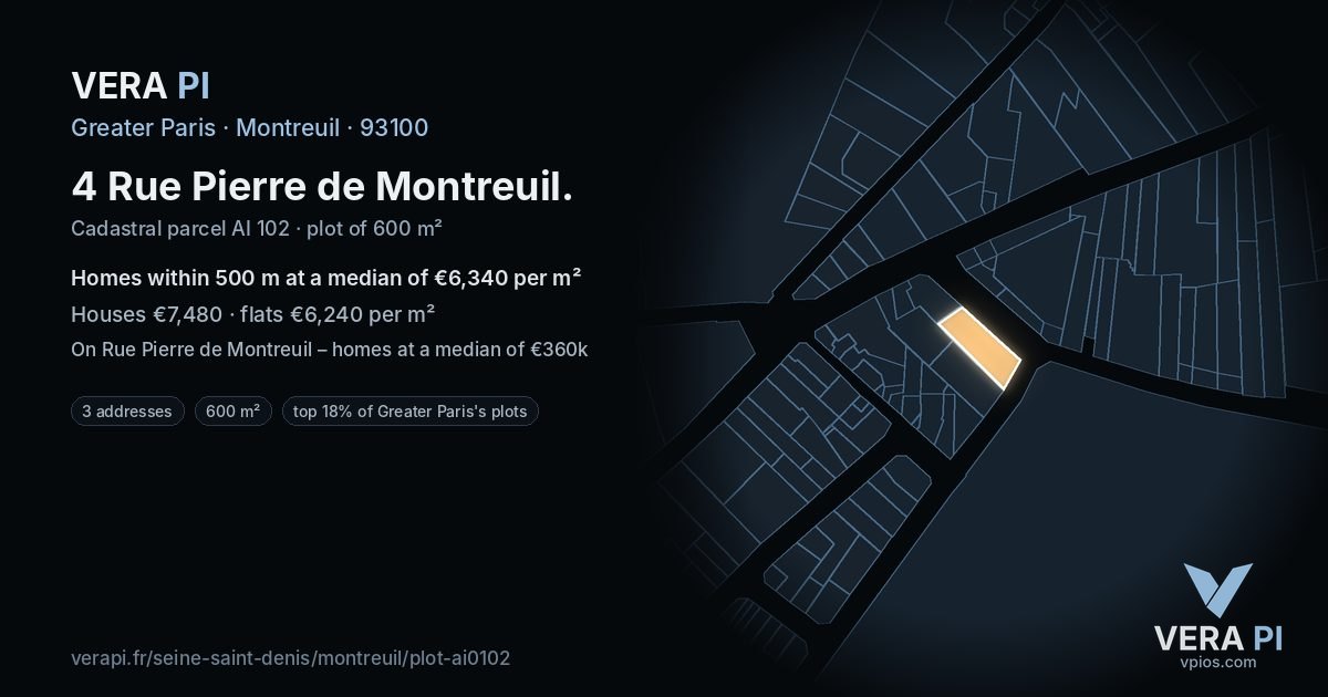 4 Rue Pierre de Montreuil, Montreuil at night – the plot lit, the parcels around coloured by the prices near them