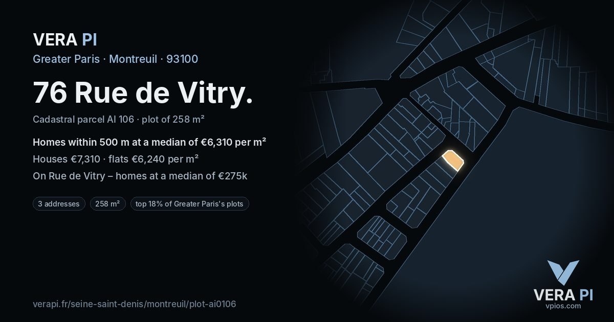 76 Rue de Vitry, Montreuil at night – the plot lit, the parcels around coloured by the prices near them