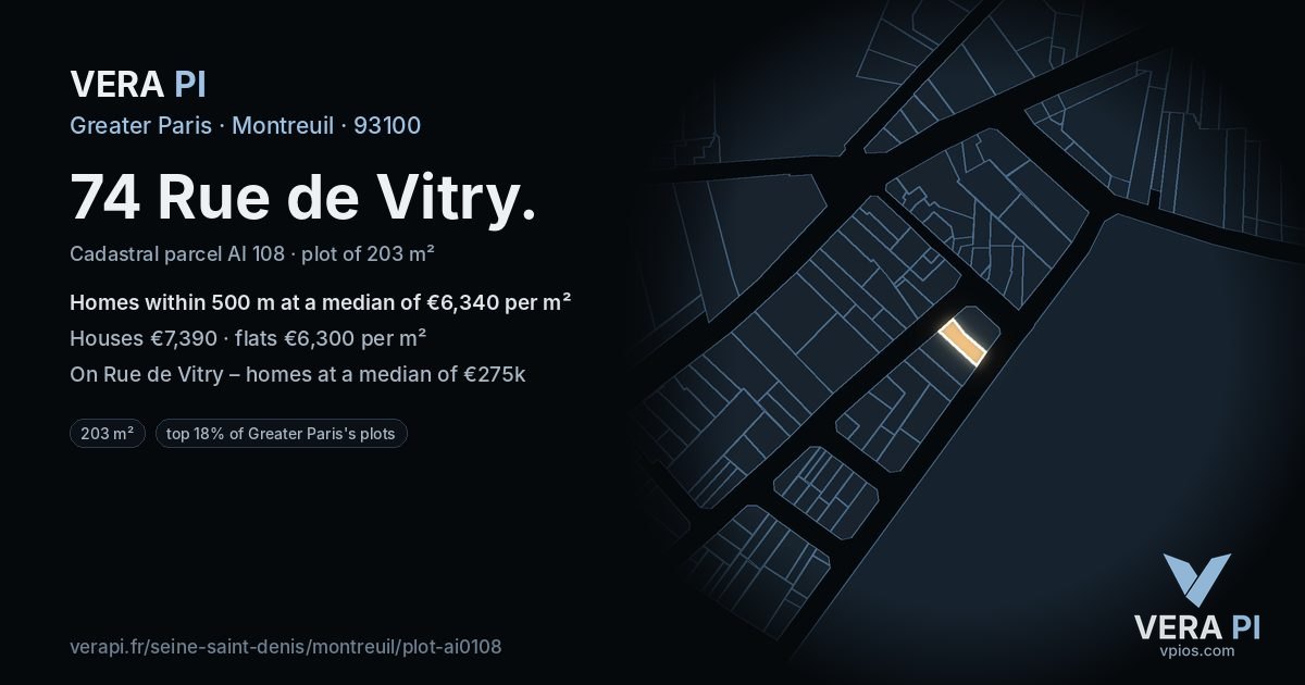 74 Rue de Vitry, Montreuil at night – the plot lit, the parcels around coloured by the prices near them