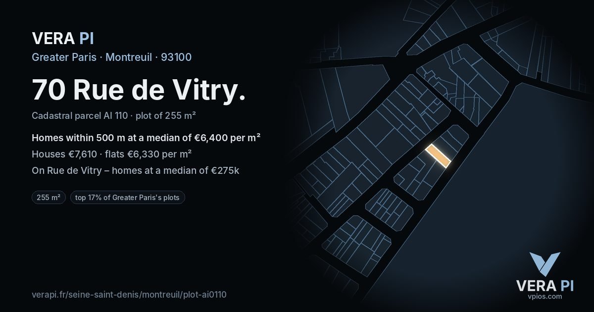 70 Rue de Vitry, Montreuil at night – the plot lit, the parcels around coloured by the prices near them