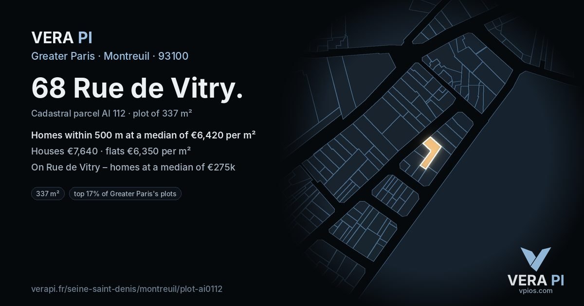 68 Rue de Vitry, Montreuil at night – the plot lit, the parcels around coloured by the prices near them