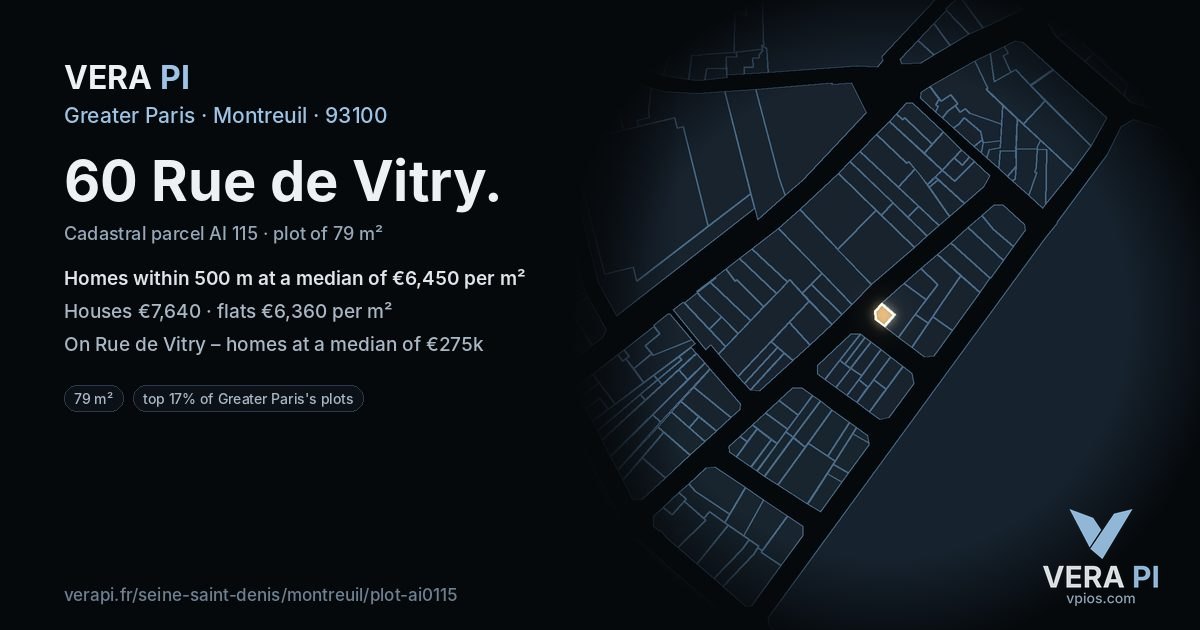 60 Rue de Vitry, Montreuil at night – the plot lit, the parcels around coloured by the prices near them