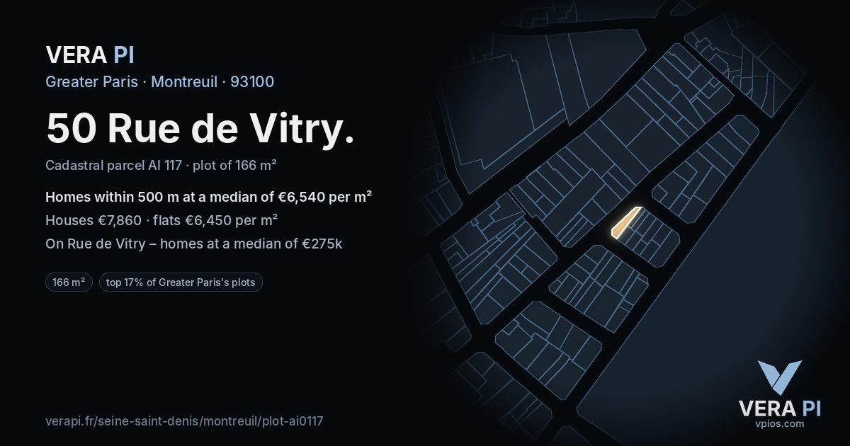 50 Rue de Vitry, Montreuil at night – the plot lit, the parcels around coloured by the prices near them