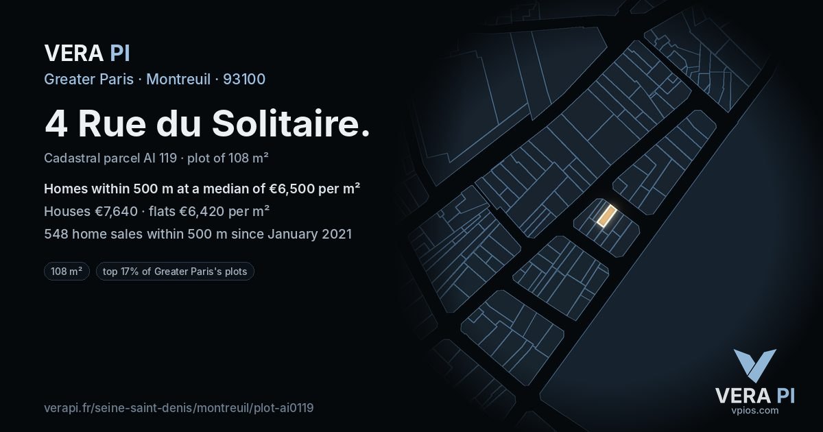 4 Rue du Solitaire, Montreuil at night – the plot lit, the parcels around coloured by the prices near them